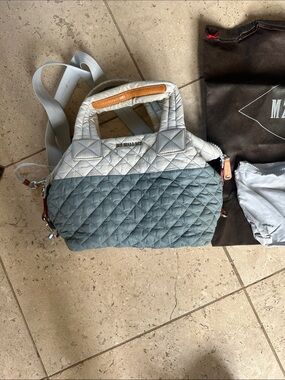 MZ Wallace Two-Tone Quilted Shoulder Bag in Light Blue and Gray